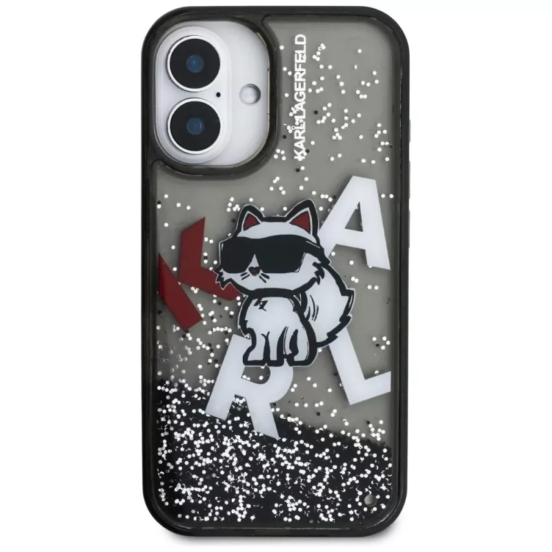 Capa KARL LAGERFELD Liquid Glitter Choupette Logo para iPhone 16, preto