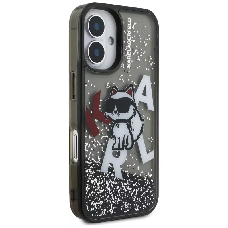 Capa KARL LAGERFELD Liquid Glitter Choupette Logo para iPhone 16, preto