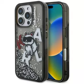 Capa KARL LAGERFELD Liquid Glitter Choupette Logo para iPhone 16 Pro, preto