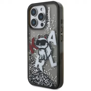 Capa KARL LAGERFELD Liquid Glitter Choupette Logo para iPhone 16 Pro, preto