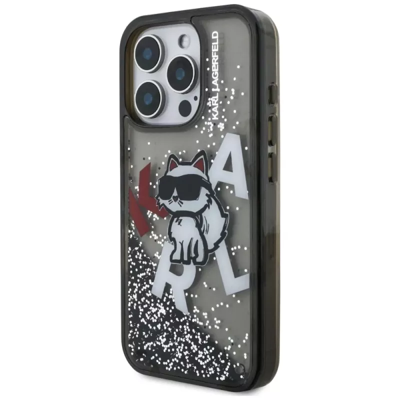 Capa KARL LAGERFELD Liquid Glitter Choupette Logo para iPhone 16 Pro, preto