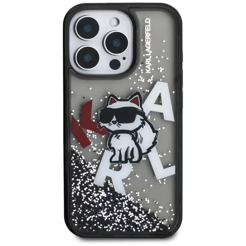 Capa KARL LAGERFELD Liquid Glitter Choupette Logo para iPhone 16 Pro, preto