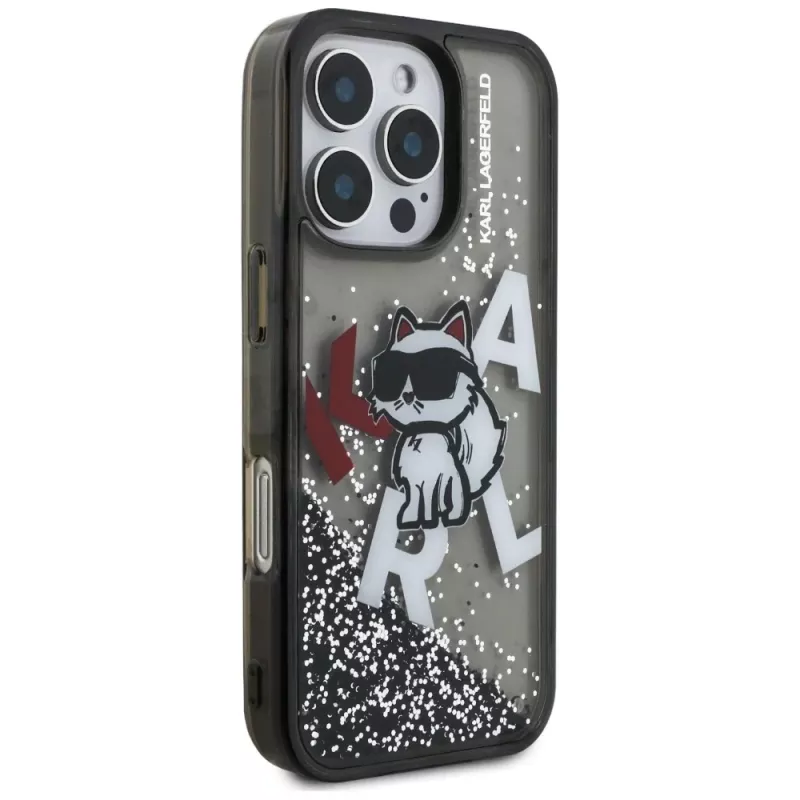 Capa KARL LAGERFELD Liquid Glitter Choupette Logo para iPhone 16 Pro, preto
