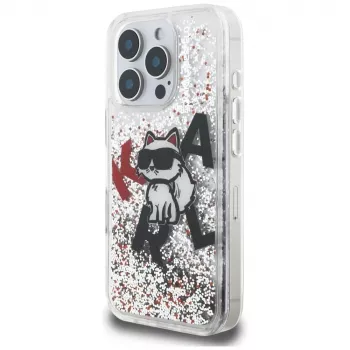 Capa KARL LAGERFELD Liquid Glitter Choupette Logo para iPhone 16 Pro, transparente