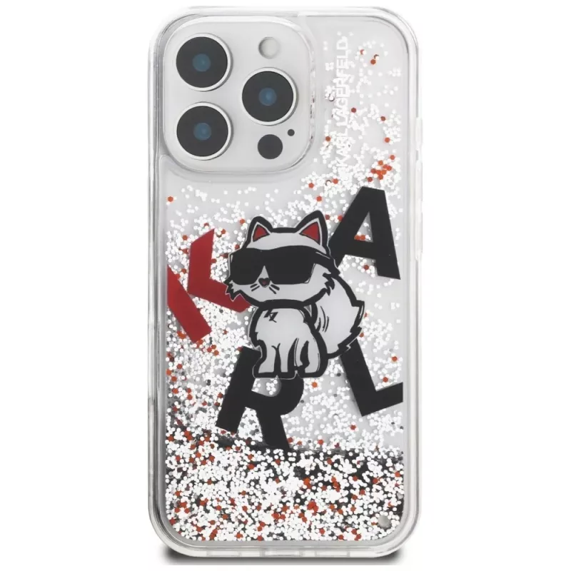 Capa KARL LAGERFELD Liquid Glitter Choupette Logo para iPhone 16 Pro, transparente