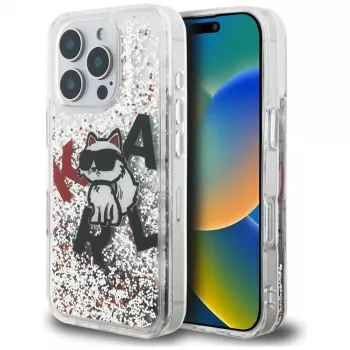 Capa Karl Lagerfeld Liquid Glitter Choupette Logo para Apple iPhone 16 Pro Max, transparente