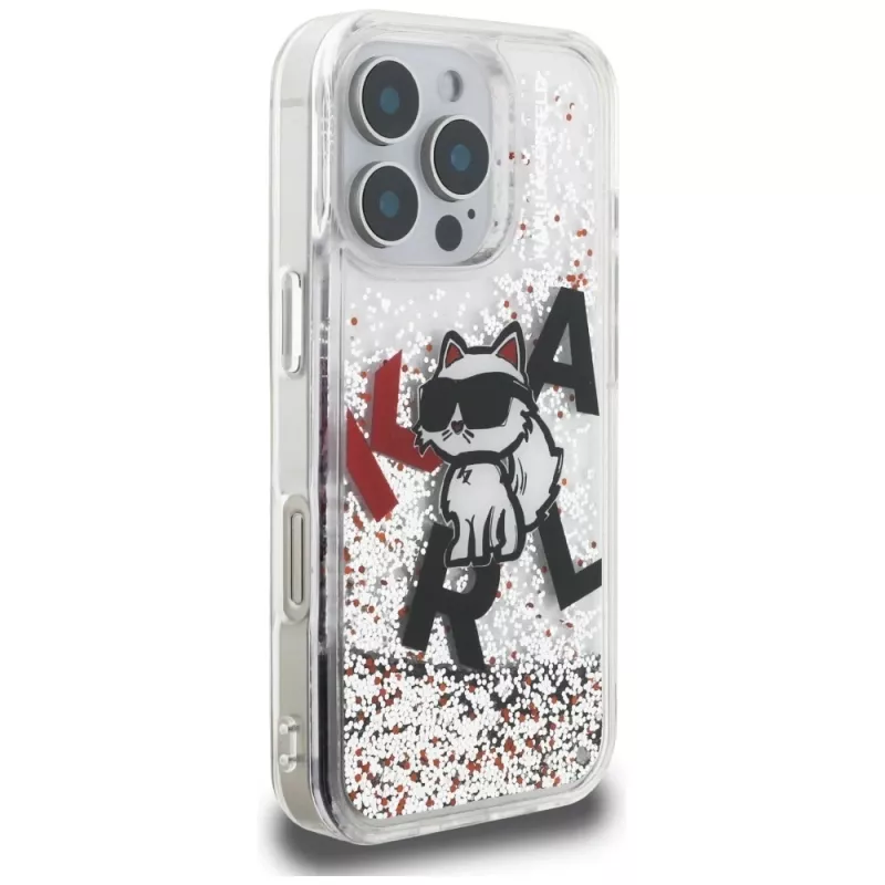 Capa Karl Lagerfeld Liquid Glitter Choupette Logo para Apple iPhone 16 Pro Max, transparente