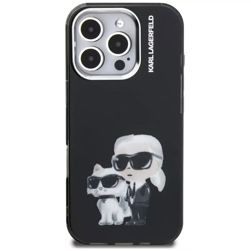 Capa Karl Lagerfeld IML Aquarelle Karl & Choupette & Logo para Apple iPhone 16 Pro Max, preto