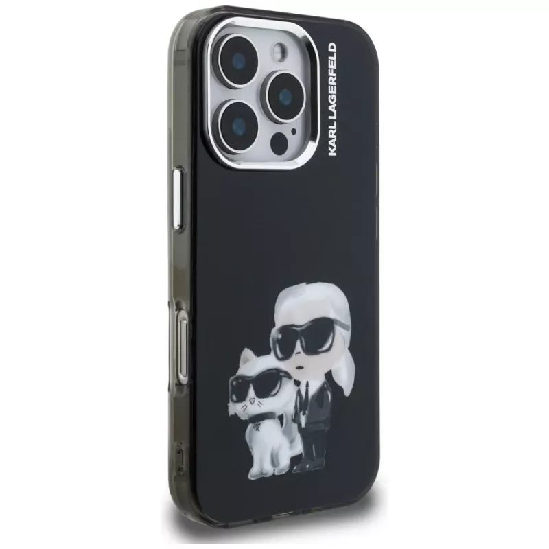 Capa Karl Lagerfeld IML Aquarelle Karl & Choupette & Logo para Apple iPhone 16 Pro Max, preto