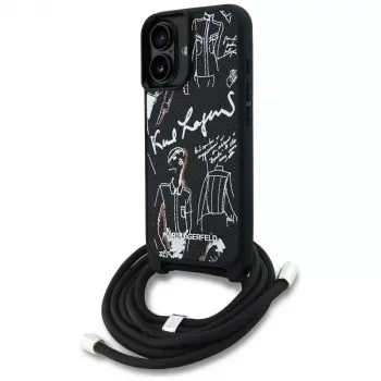 Karl Lagerfeld Crossbody GrainedPattern & Logo Case para iPhone 16, Preto