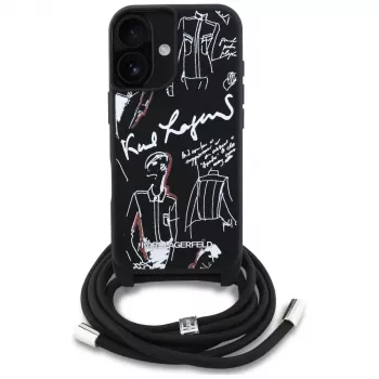 Karl Lagerfeld Crossbody GrainedPattern & Logo Case para iPhone 16, Preto