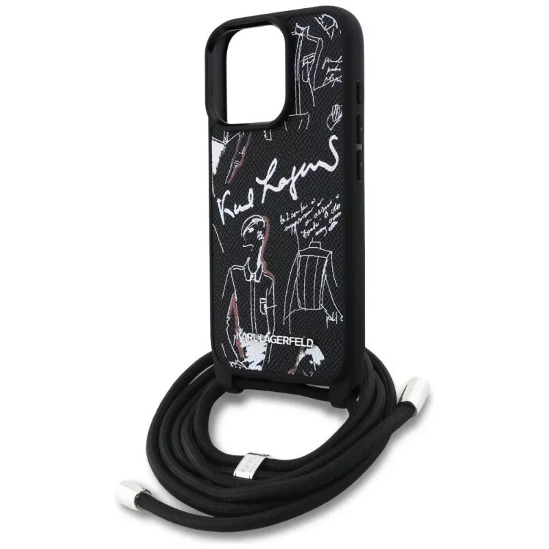 Karl Lagerfeld Crossbody GrainedPattern & Logo Phone Case para Apple iPhone 16 Pro Max, Preto
