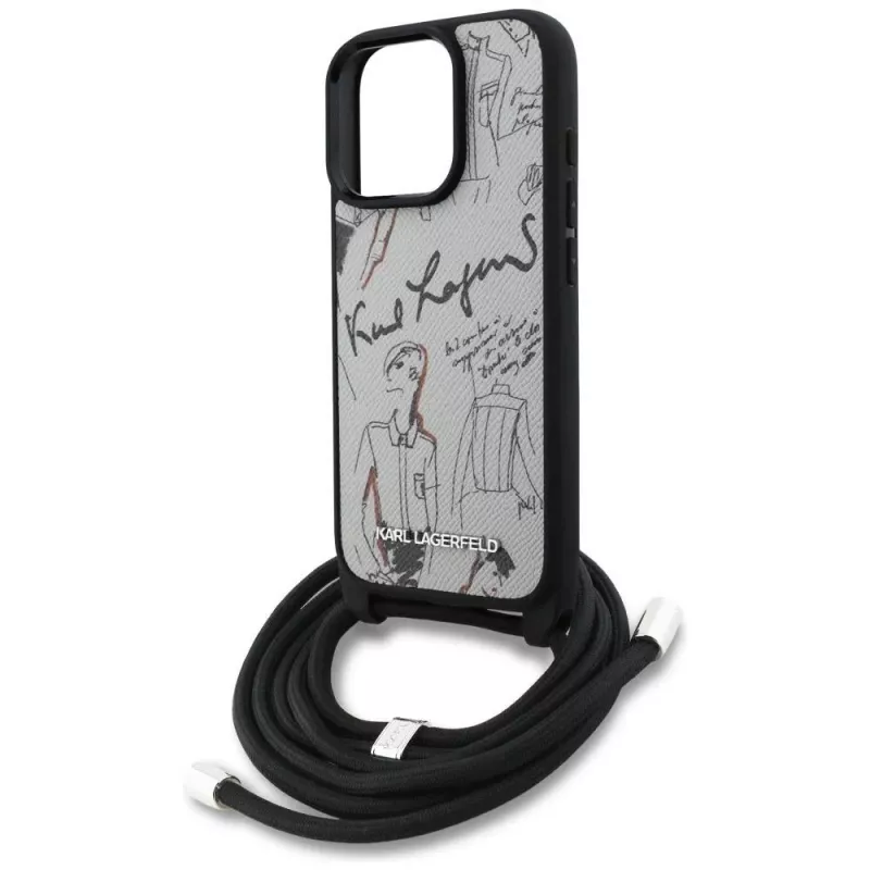 Karl Lagerfeld Crossbody Case com padrão granulado & logo para iPhone 16 Pro Max, Cinzento