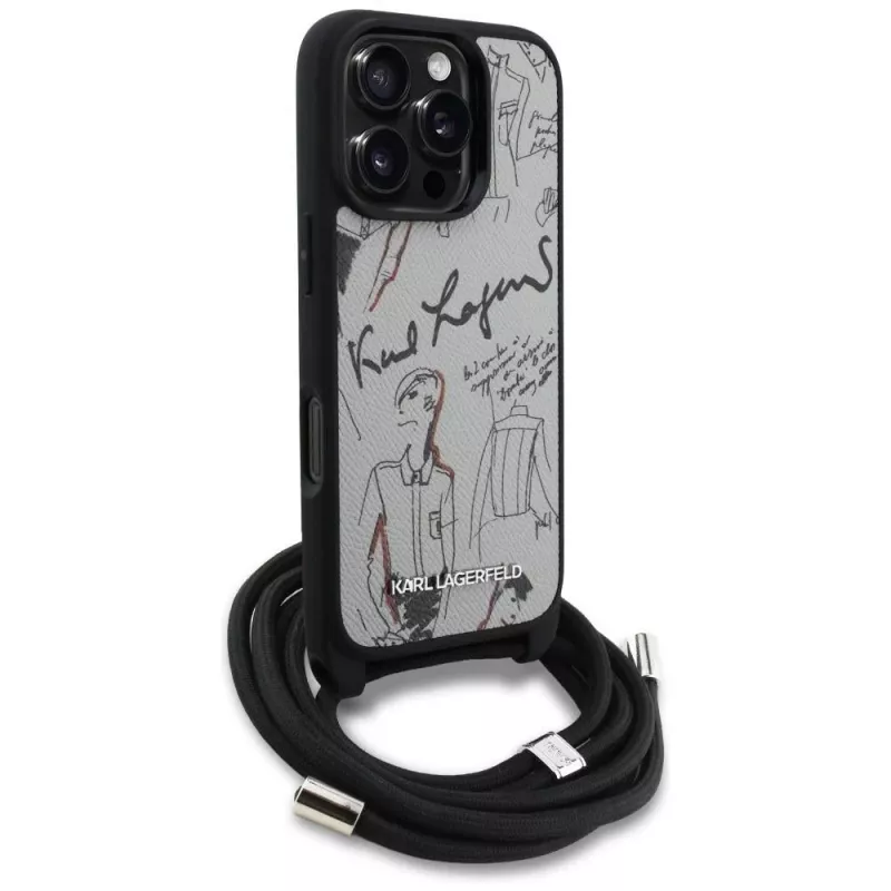 Karl Lagerfeld Crossbody Case com padrão granulado & logo para iPhone 16 Pro Max, Cinzento