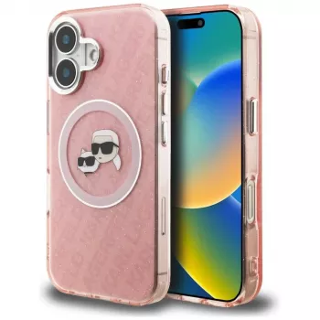 KARL LAGERFELD IML Glitter Karl & Choupette Heads Logo MagSafe Case para Apple iPhone 16 - Rosa