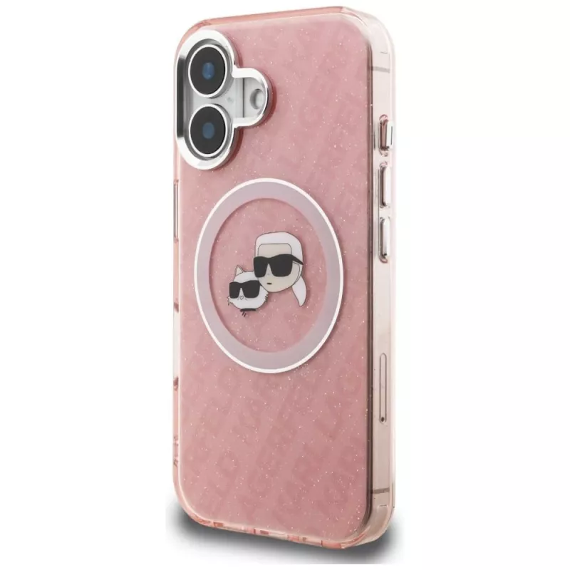 KARL LAGERFELD IML Glitter Karl & Choupette Heads Logo MagSafe Case para Apple iPhone 16 - Rosa