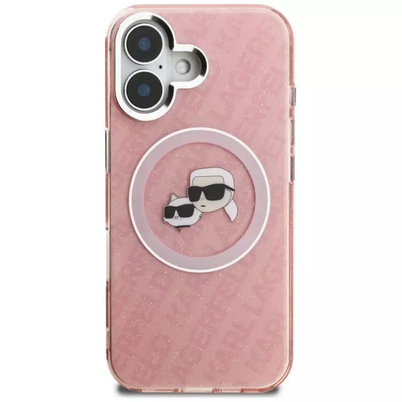 KARL LAGERFELD IML Glitter Karl & Choupette Heads Logo MagSafe Case para Apple iPhone 16 - Rosa