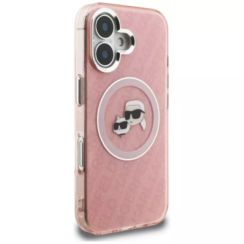 KARL LAGERFELD IML Glitter Karl & Choupette Heads Logo MagSafe Case para Apple iPhone 16 - Rosa