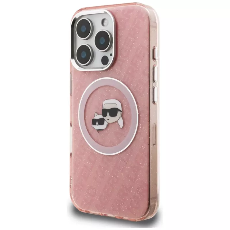 Karl Lagerfeld IML Glitter Karl & Choupette Heads Logo MagSafe Case para iPhone 16 Pro Rosa