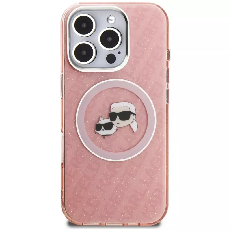 Karl Lagerfeld IML Glitter Karl & Choupette Heads Logo MagSafe Case para iPhone 16 Pro Rosa