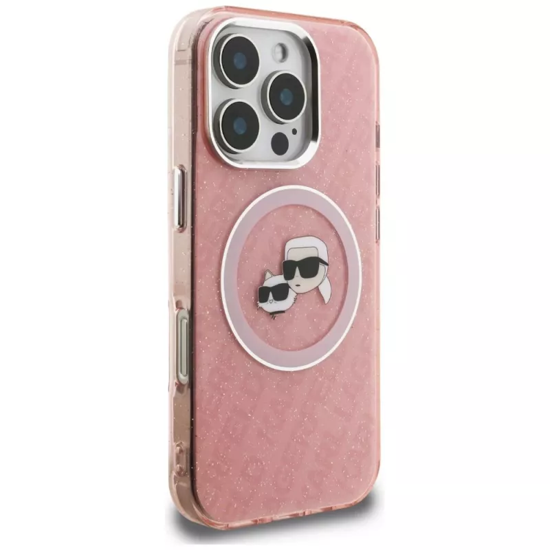 Karl Lagerfeld IML Glitter Karl & Choupette Heads Logo MagSafe Case para iPhone 16 Pro Rosa