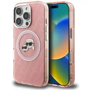 KARL LAGERFELD IML Glitter Karl & Choupette Heads Logo MagSafe Case para iPhone 16 Pro Max, Rosa