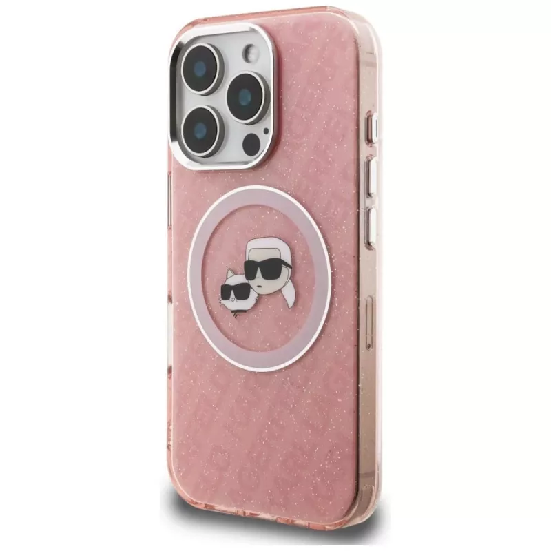 KARL LAGERFELD IML Glitter Karl & Choupette Heads Logo MagSafe Case para iPhone 16 Pro Max, Rosa