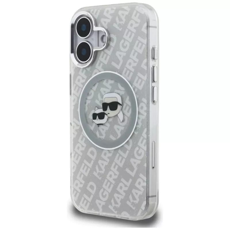 KARL LAGERFELD IML Glitter Karl & Choupette Heads Logo MagSafe Case para iPhone 16, Cinzento