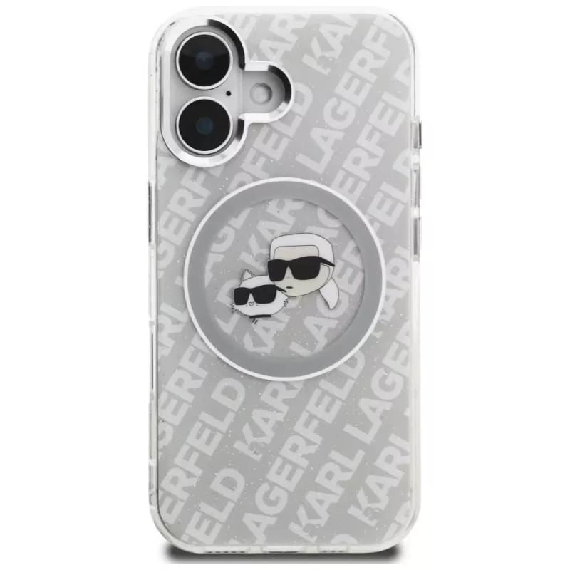 KARL LAGERFELD IML Glitter Karl & Choupette Heads Logo MagSafe Case para iPhone 16, Cinzento