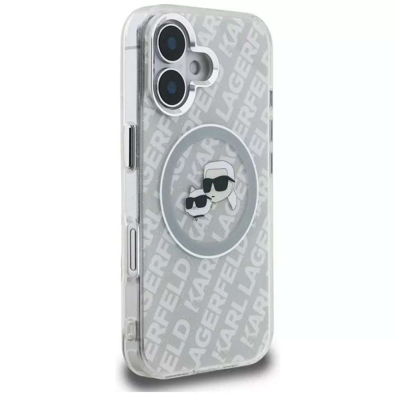 KARL LAGERFELD IML Glitter Karl & Choupette Heads Logo MagSafe Case para iPhone 16, Cinzento