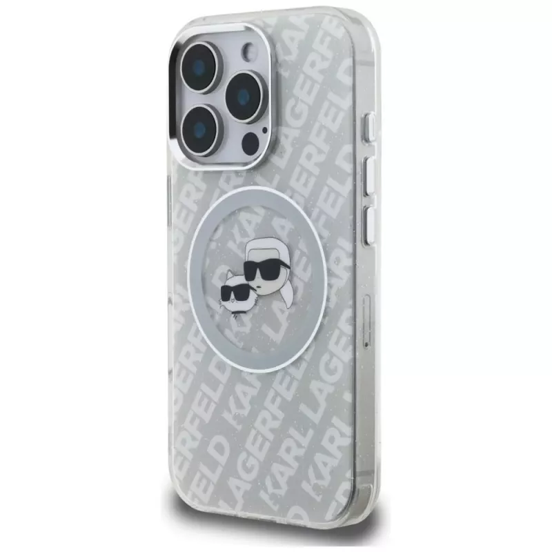 KARL LAGERFELD IML Glitter Karl & Choupette Heads Logo MagSafe Case para iPhone 16 Pro Cinzento