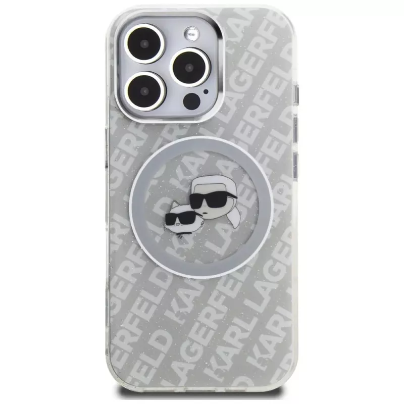 KARL LAGERFELD IML Glitter Karl & Choupette Heads Logo MagSafe Case para iPhone 16 Pro Cinzento