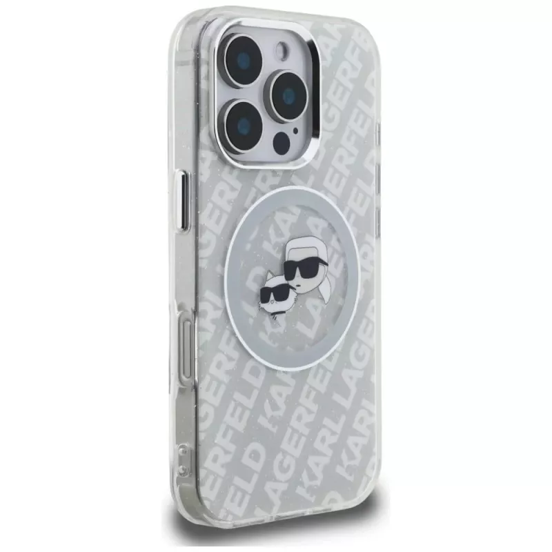 KARL LAGERFELD IML Glitter Karl & Choupette Heads Logo MagSafe Case para iPhone 16 Pro Max Cinzento