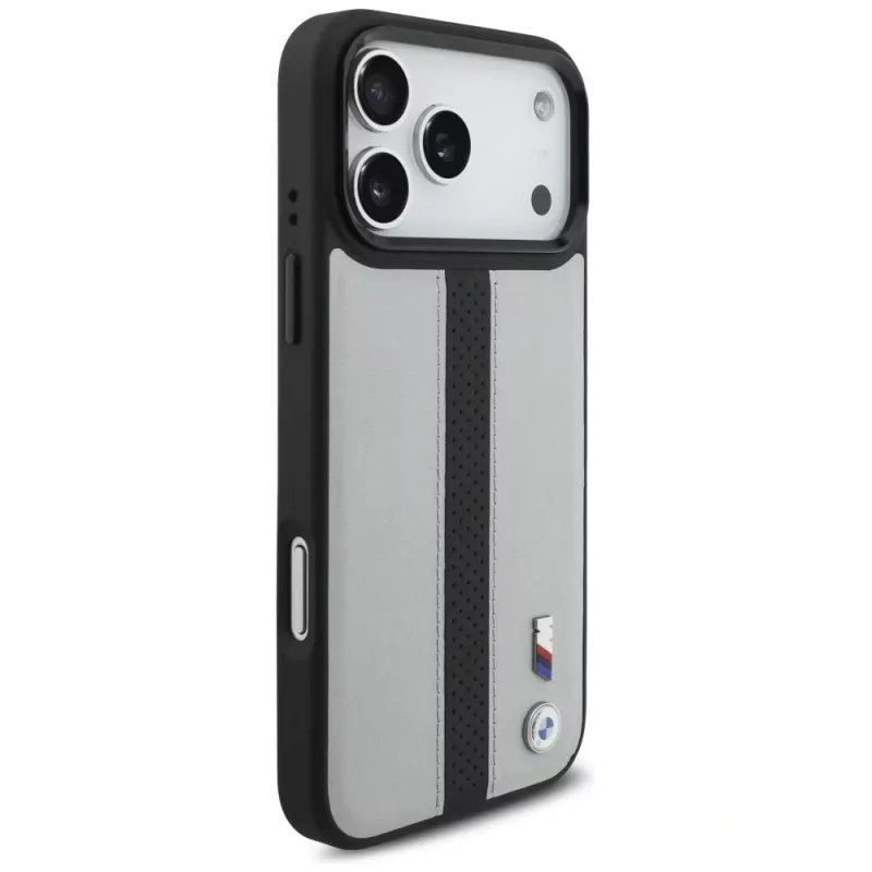 BMW M Perforated Stripe Logo MagSafe Case para iPhone 17 Pro Max Cinzento
