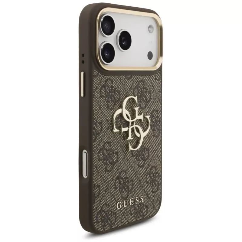 Capa com botões metálicos Guess 4G Big Classic Logo BigStrap para iPhone 17 Pro Max, castanho