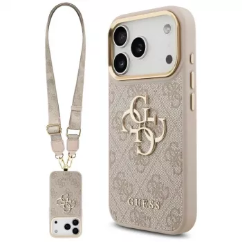 Capa com botões metálicos Guess 4G Big Classic Logo Big Strap para Apple iPhone 17 Pro, rosa