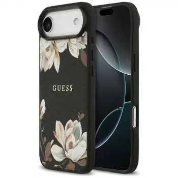 Capa MagSafe Guess Grained Flowers Classic Logo para Apple iPhone Air, preto