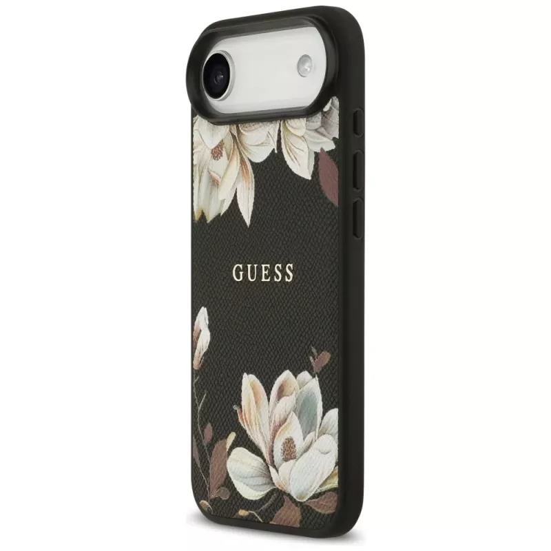 Capa MagSafe Guess Grained Flowers Classic Logo para Apple iPhone Air, preto