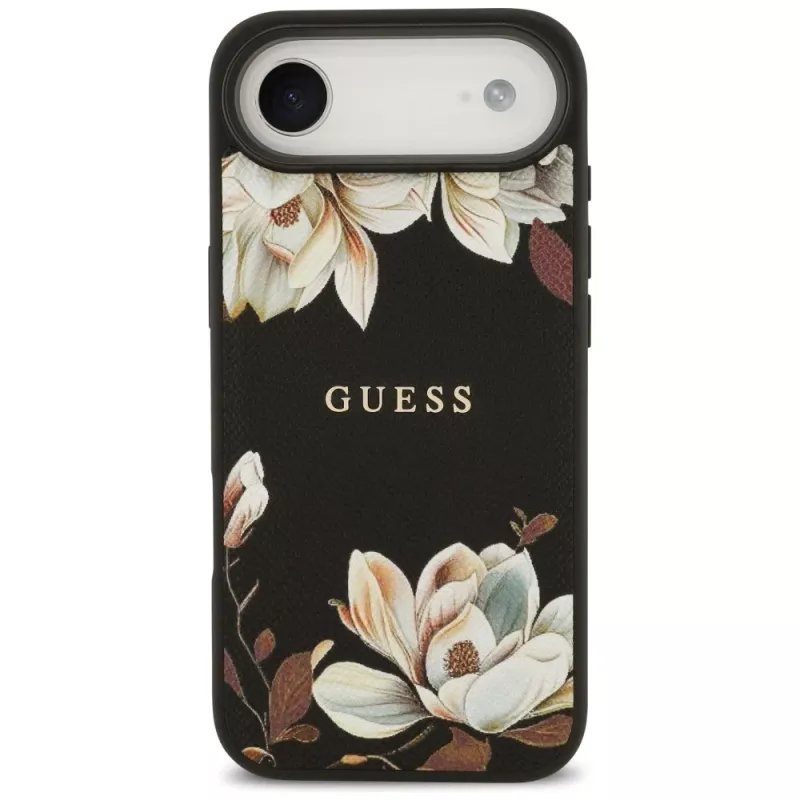 Capa MagSafe Guess Grained Flowers Classic Logo para Apple iPhone Air, preto