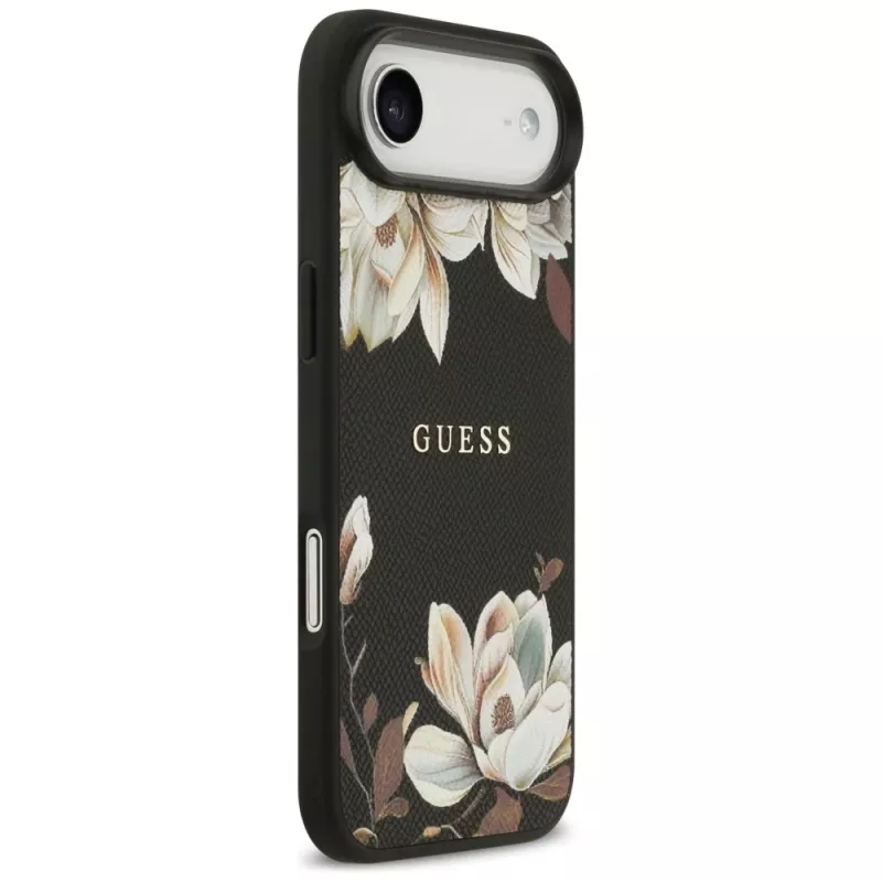 Capa MagSafe Guess Grained Flowers Classic Logo para Apple iPhone Air, preto