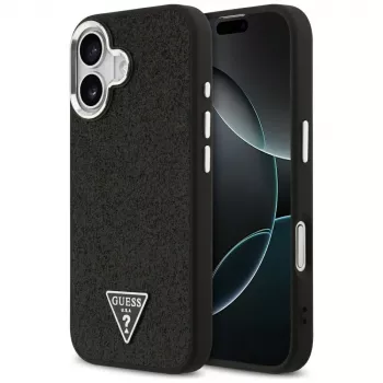 Capa MagSafe Guess Glitter Triangle Logo para iPhone 17, preta