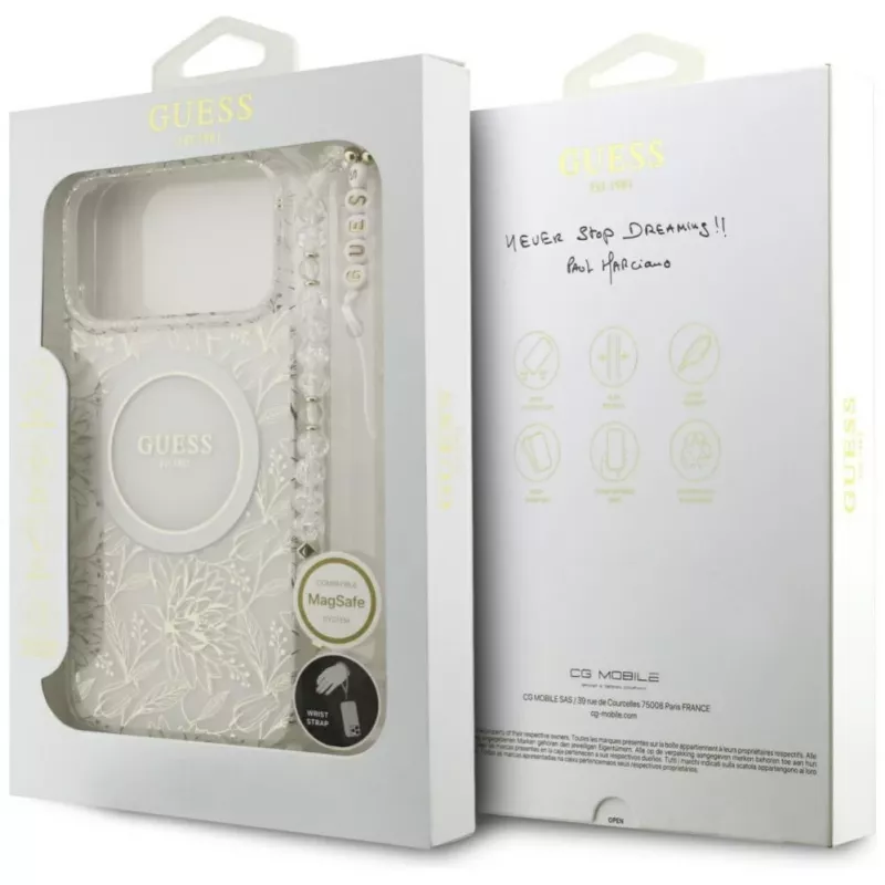 Guess IML Flowers Electro Pearl Strap MagSafe Capa para iPhone 17 Pro Max branco