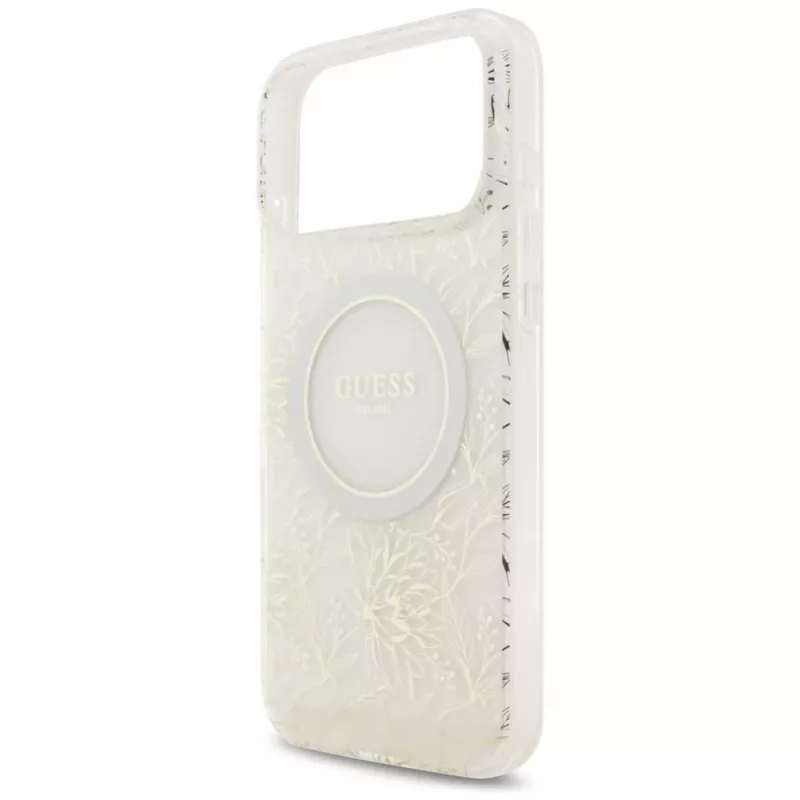 Guess IML Flowers Electro Pearl Strap MagSafe Capa para iPhone 17 Pro Max branco