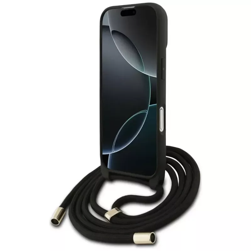 Guess 4G Big Logo Cord Strap Crossbody Capa para Apple iPhone 17, preto