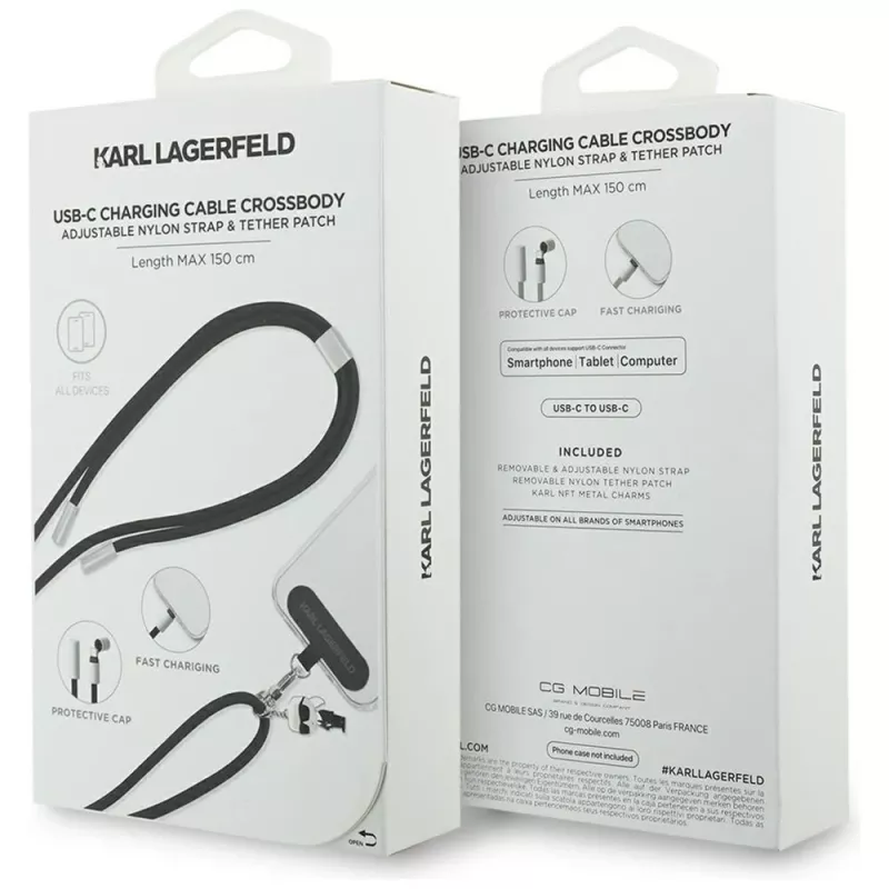 Cabo USB-C para USB-C Karl Lagerfeld Ikonik Charm com lanyard, 1,2 m, preto
