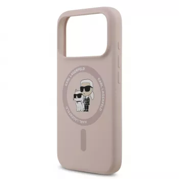Capa de silicone KARL LAGERFELD para Apple iPhone 17 Pro com MagSafe e anel, rosa, coleção Karl & Choupette