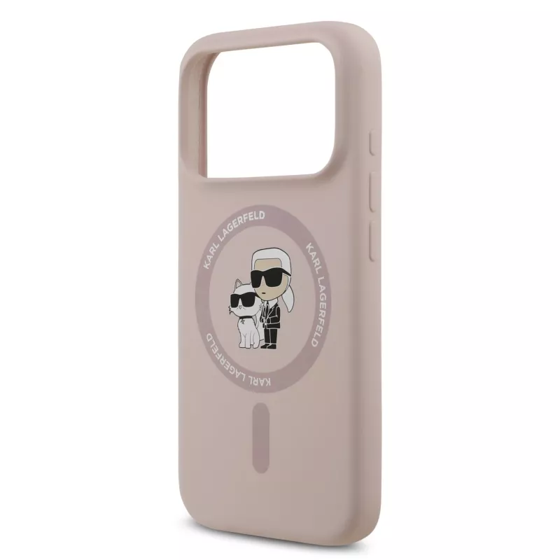 Capa de silicone KARL LAGERFELD para Apple iPhone 17 Pro com MagSafe e anel, rosa, coleção Karl & Choupette