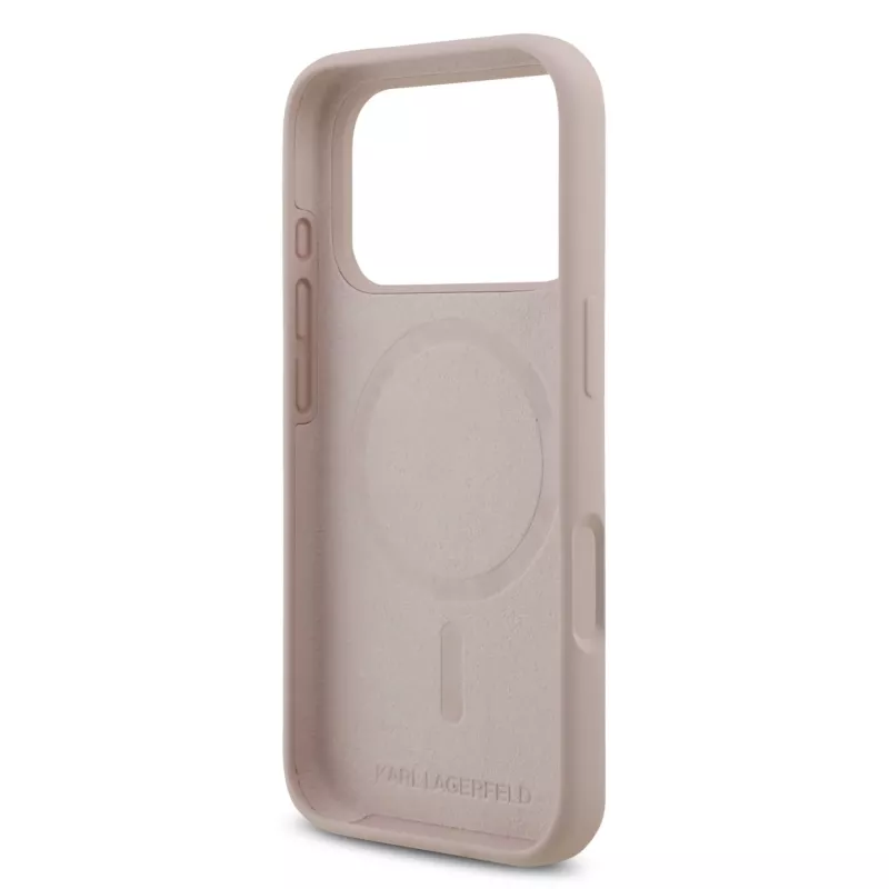 Capa de silicone KARL LAGERFELD para Apple iPhone 17 Pro com MagSafe e anel, rosa, coleção Karl & Choupette