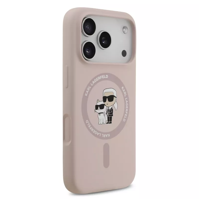 Capa de silicone KARL LAGERFELD para Apple iPhone 17 Pro com MagSafe e anel, rosa, coleção Karl & Choupette