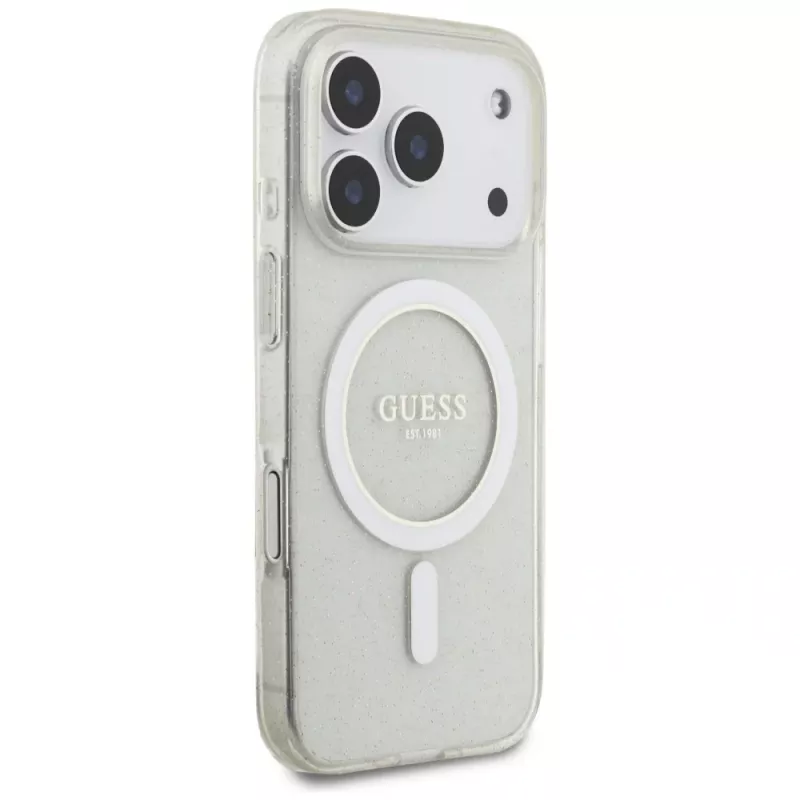 Capa MagSafe Guess IML Glitter Pearl Strap para iPhone 17 Pro, transparente